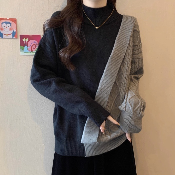 レディース トップス ニット セーター プルオーバー アシンメトリー 長袖 ハイネック フェミニン ストリート ケーブルニット 切り替えデザイン バイカラー 配色 ドッキング かわいい 大人可愛い
