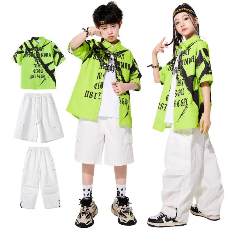 [新品入荷]キッズダンス衣装 セットアップ ヒップホップ 柄シャツ 緑 シャツ 半袖 ズボン カーゴパンツ ショート丈 ロング丈 ダンス衣装 女の子 男の子 演出服