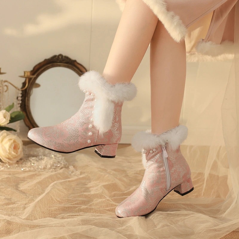 ロリータのスイートラビットファーショートブーツファッション太ヒール宴会チャイナドレス婦人靴大きいサイズ多用途安い