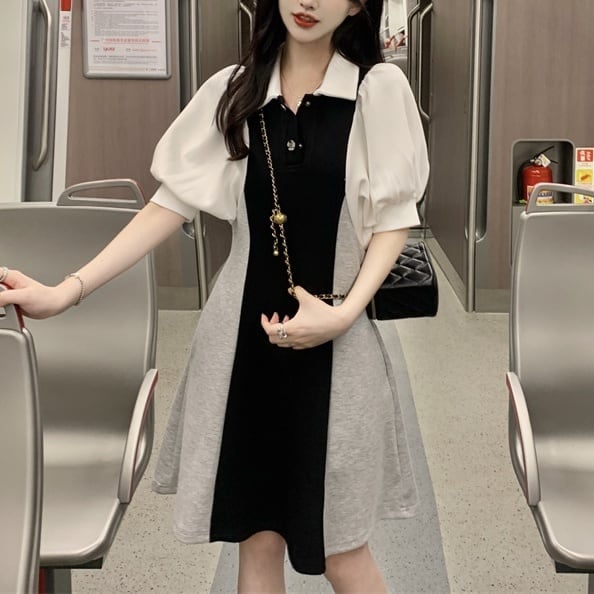 レディース ワンピース ミニ丈ワンピース ポロワンピース 3色切り替え Vネック ポロ襟 膝上