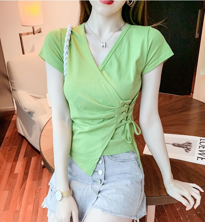 サイドレースアップトップス Ｖネックトップス 半袖シャツ カジュアルシャツ トップス Tシャツ シャツ プルオーバー 白シャツ 白トップス 袖あり 半袖 5分袖 五分袖 Vネック スリム タイト 細身