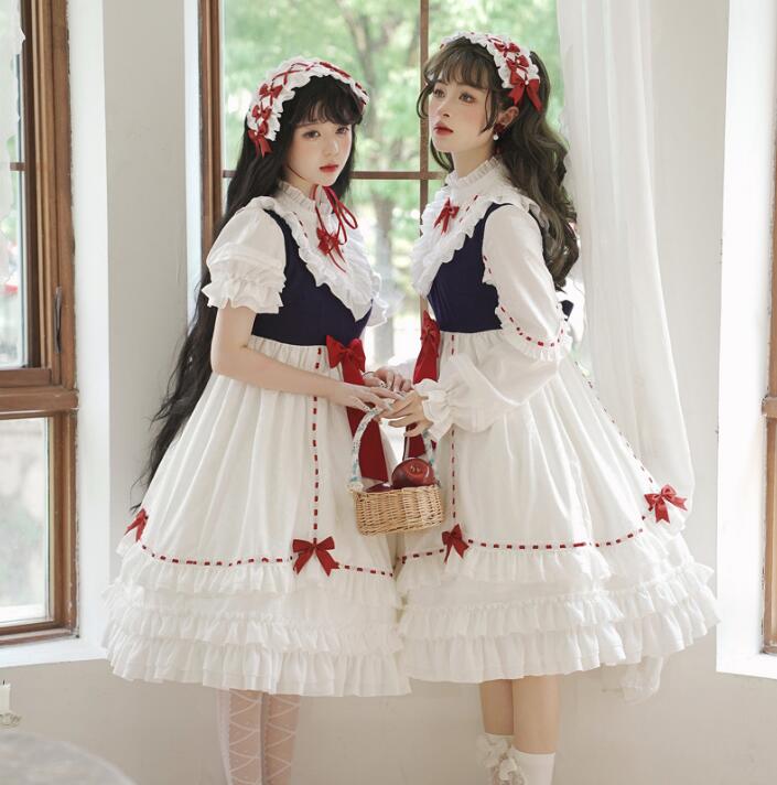 お姫様 ロリータワンピース 白雪 ロリータ ワンピース 膝丈 ティアードドレス 長袖/半袖 可愛い コスチューム 学園祭 文化祭 イベント衣装 撮影 ロリータドレス ホワイト