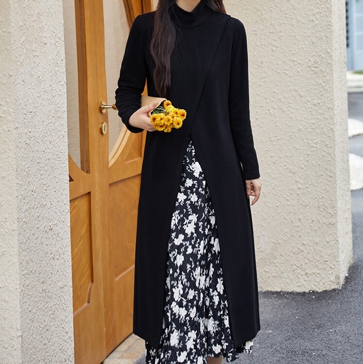 ボトムス ワンピース カットソー 膝下 ミモレ丈 ロング丈 袖あり 長袖 ハイネック フレア Aライン 2点セット かわいい 大人可愛い きれいめ シンプル カジュアル 大人 上品 おしゃれ レトロ