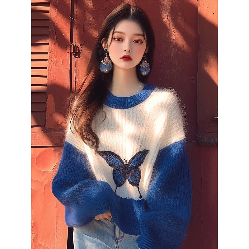 2024初秋新作セーターニッチ韓国スタイル高度なレイジースタイルクラインブループリントニットトップ 4,710円