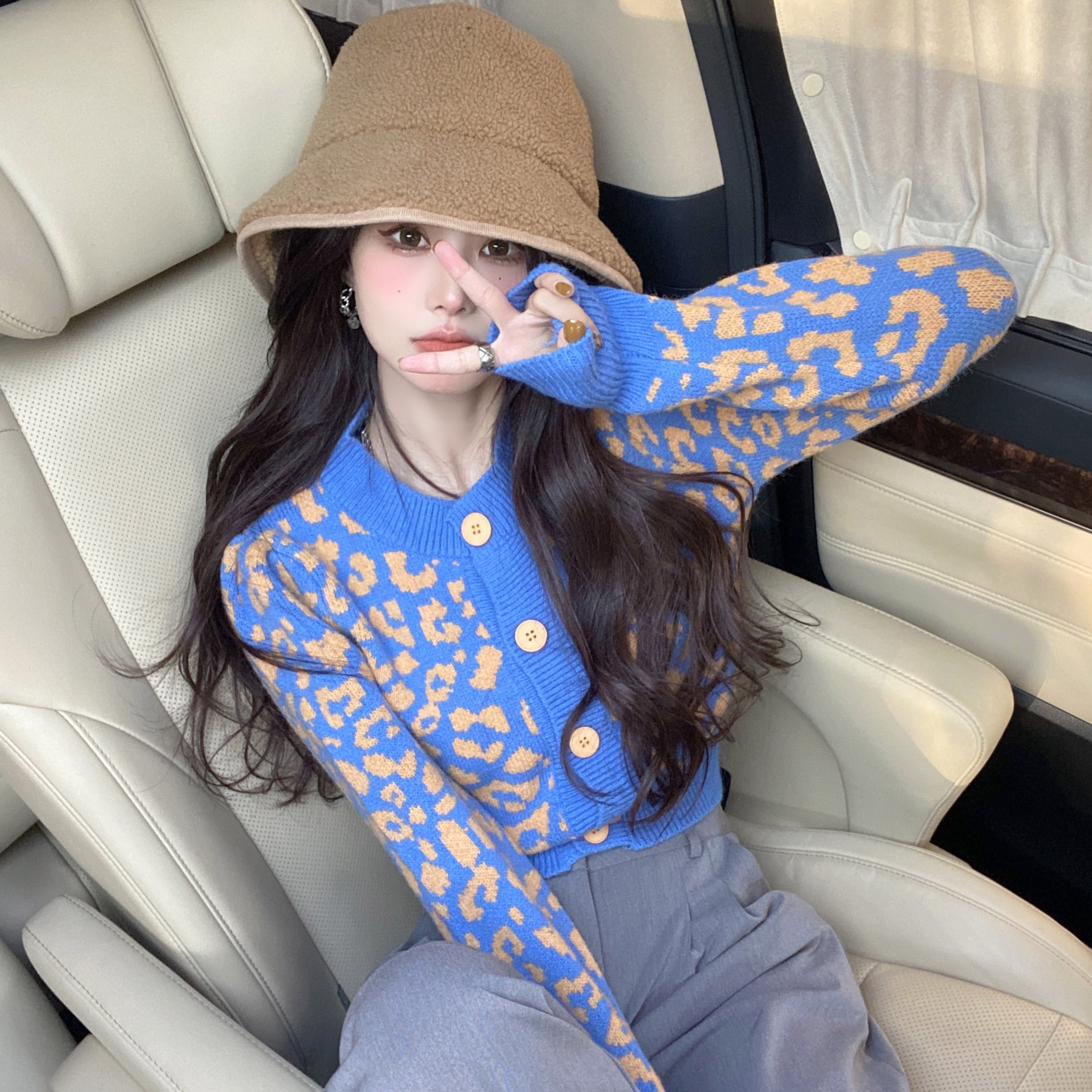 トップス ニット カーディガン ショート丈 クロップ丈 長袖 レオパード ヒョウ柄 バイカラー