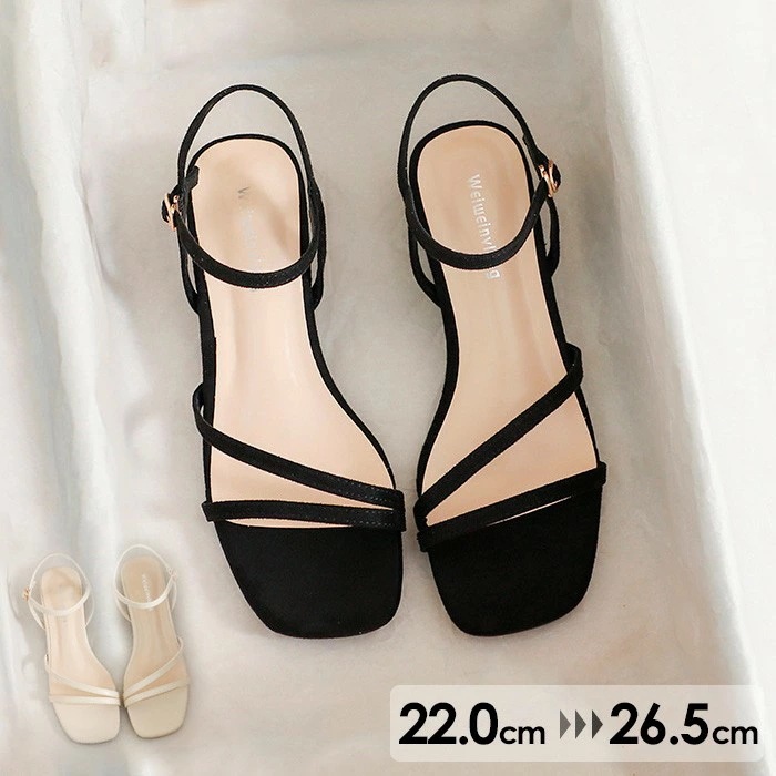 華奢ストラップサンダル スクエアトウ サンダル レディース 大きいサイズ 小さいサイズ かかとあり 夏 ベルト 靴 女性 大人 美脚 シューズ シンプル お洒落なサンダル 歩きやすい チャンキーヒール