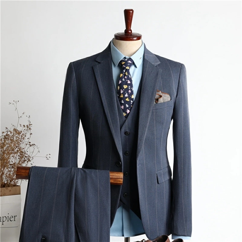 3ピーススーツ メンズ ビジネススーツ スーツ 1つボタン ストライプ柄 フォマールスーツ セットアップ 細身 卒業式 入学式 メンズスーツセット スリーピース スーツ ジャケット+パンツ+ベスト 韓