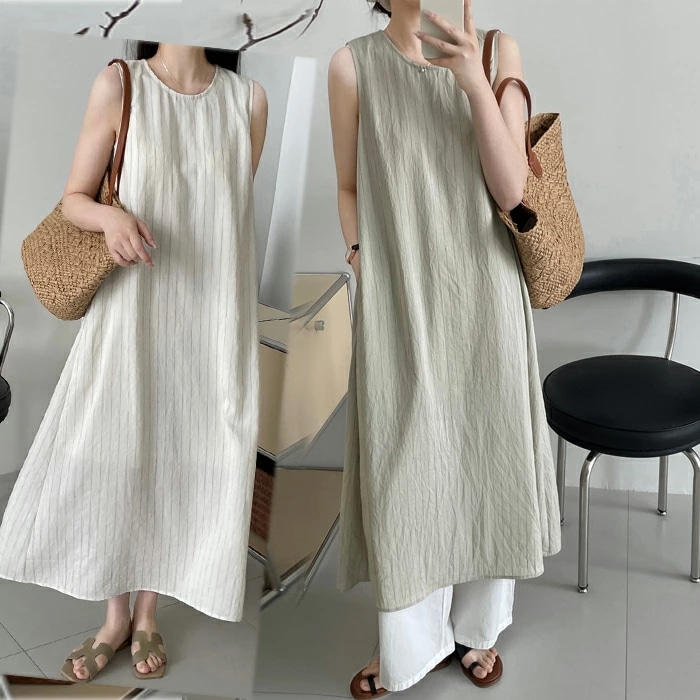 再販未定麻のミモレ丈ワンピース　ゆったり　ルーズ　ノースリーブ　ラウンドネック　Aライン　シンプル　細く見える 4,823円