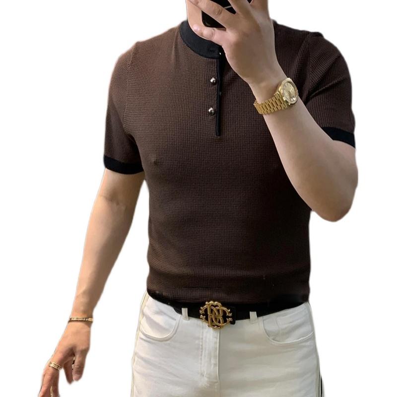 メンズ トップス 夏 ファッション 半袖 ビジネス カジュアル ポロシャツ エレガント 男性 スリム フィット ダーク ブラウン レッド ブラック 赤 黒 茶
