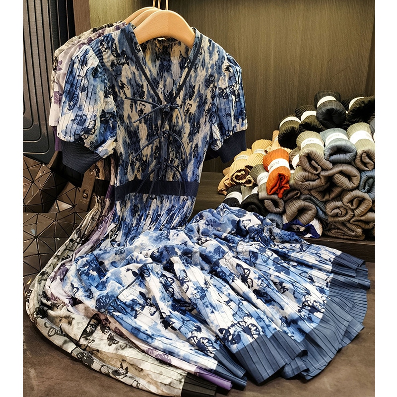 高級バタフライプリントプリーツワンピースエレガントなvネックウエストスリム夏用ミモレ丈スカート