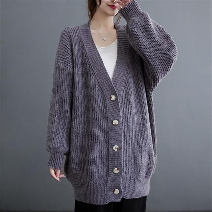 ニットカーディガン レディース 長袖 アウター ミディアム丈 セーター パフスリーブ 無地 Vネック リブ編み シングル 前開き 厚手 暖かい 通勤 オフィ
