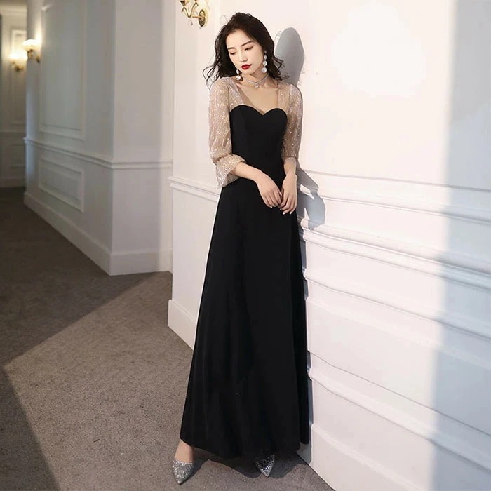 【急速出荷!】大人気！パーティードレス マキシ丈 Aライン 異素材 上品 星 ロング シースルー袖 ドレス ワンピース マーメイド フリル フレア Uネック 長袖 無地 パフスリーブ パーティー フィ