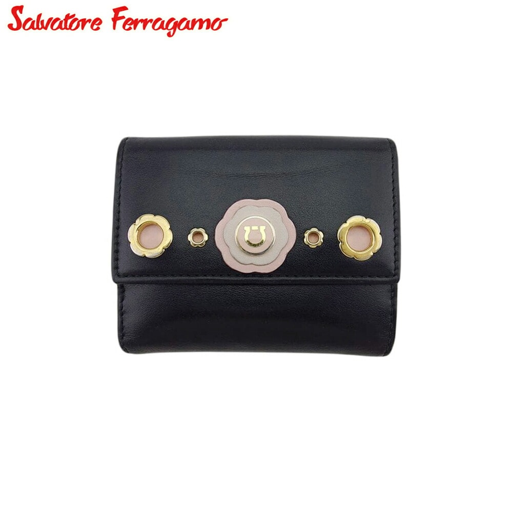 サルヴァトーレ フェラガモ Wホック 財布 折り畳み財布 メンズ可 フラワーモチーフ Salvatore Ferragamo 中古