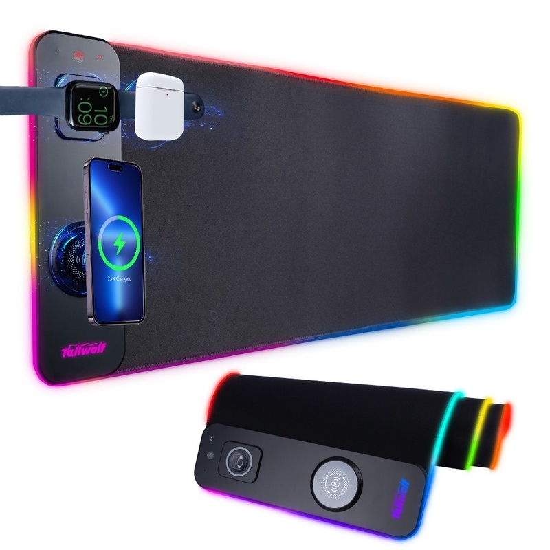 ゲーミングマウスパッド ワイヤレス充電 光る Qi対応 3in1 スマホ イヤホン 同時充電 RGB 14モード 音に反応 おしゃれ デスクマット 滑