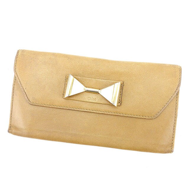 長財布 ファスナー付き長財布 メタルリボン ベージュ ゴールド系 中古