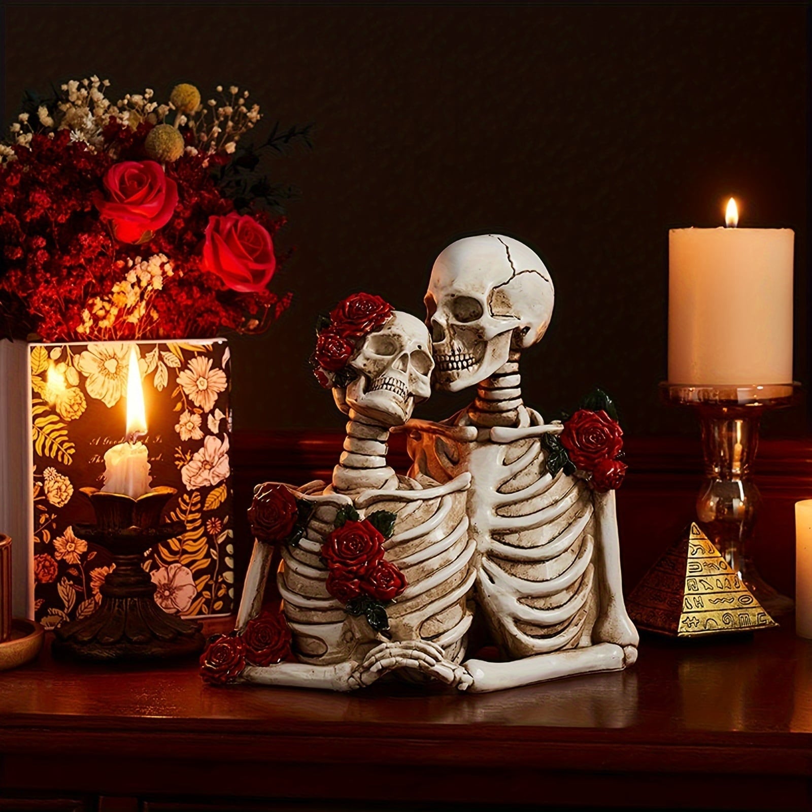 ローズスカルカップルオブジェ 置物 骸骨 ホワイト ハロウィン ハロウィーン インテリア 装飾 デコレーション ガイコツ スプーキー オブジェ ハグ キス 卓上 フィギュア パンク ロック