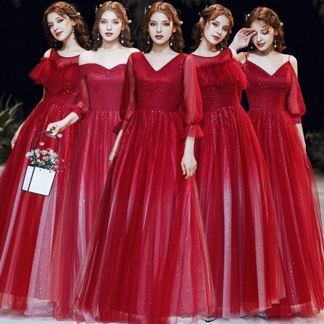 [9月新品底値]パーティードレス ワイン赤 ロングドレス 袖あり 二次会 お呼ばれ 演奏会ドレス オフショルダー ブライズメイドドレス 結婚式 5タイプ キレイめ推奨