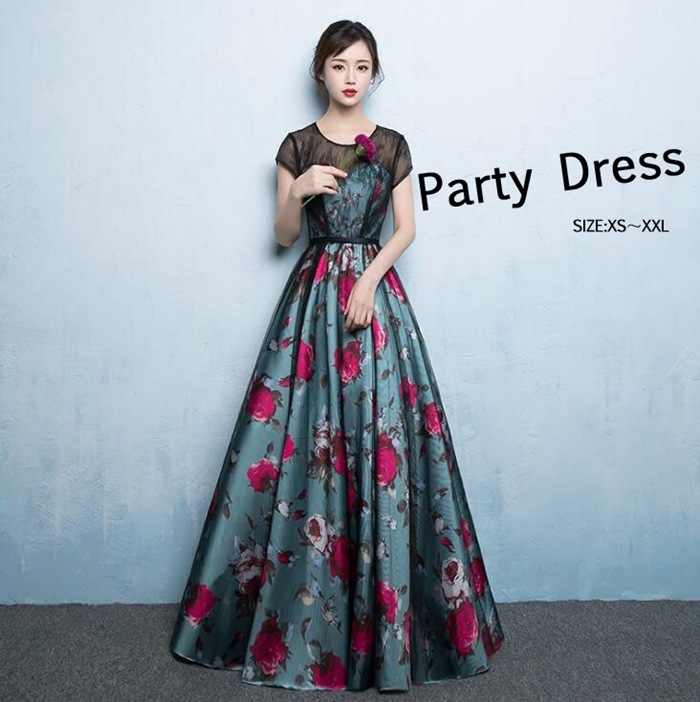送料無料　パーティードレス　結婚式 ワンピース ロングドレス 花柄 プリント パーティードレス ロング ドレス　ピアノ 発表会 演奏会 パーティー パーティ ブライダル ウェディング 20代 30代 8,034円