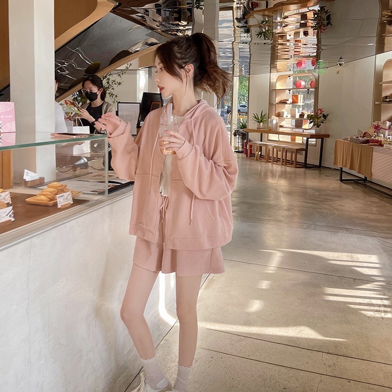 2024 今年人気のピンクのフード付きトレーナーセット女性秋フレンチミルク甘い緩い汎用性の高いツーピースセット