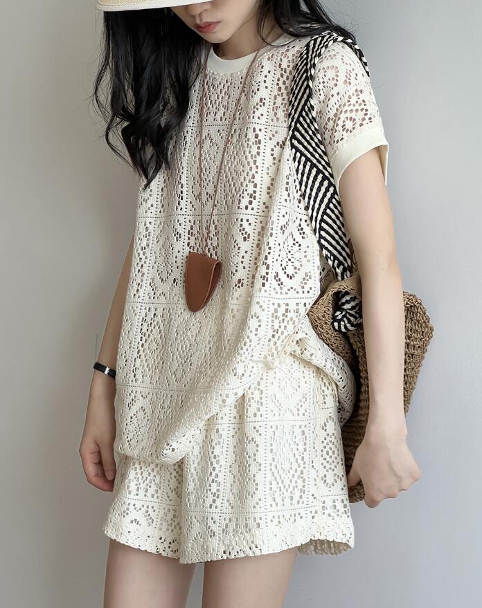 セットアップ レディース 総レースブラウス＋パンツ 上下セット 部屋着 夏 半袖 セットパジャマ tシャツ ショートパンツ 短パン カジュアル リラックス 韓国風 シンプル 大人可愛い おしゃれ 母の