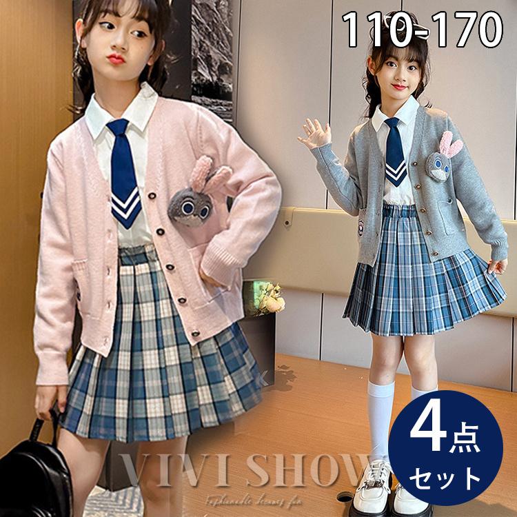 上下セット チェック柄 スカート ネクタイ カーディガン キッズ 制服風 子供服 かわいい ポケット アニマル おしゃれ シンプル
