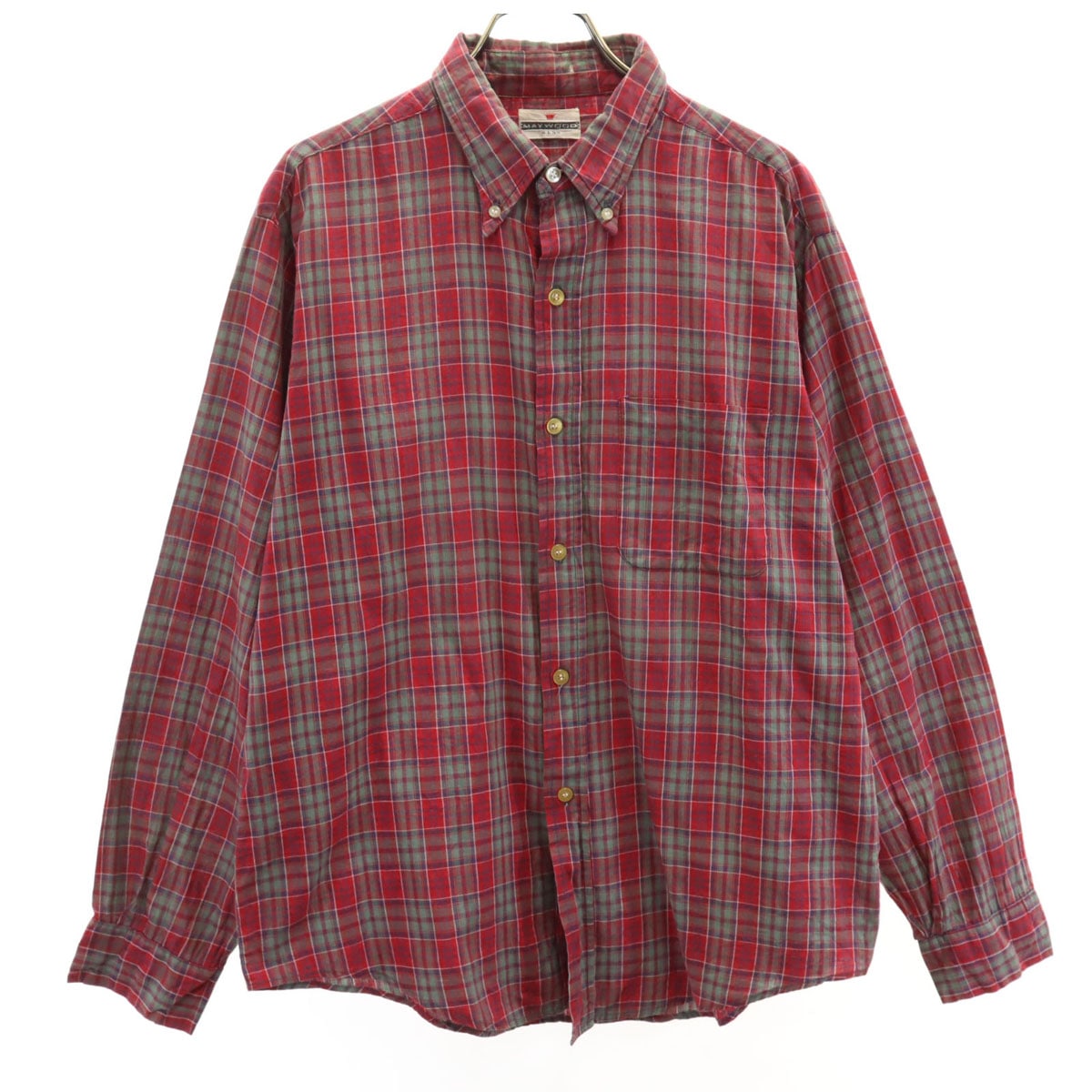 MAYWOOD 60s ヴィンテージ チェック柄 長袖 ボタンダウンシャツ L レッド メンズ 古着