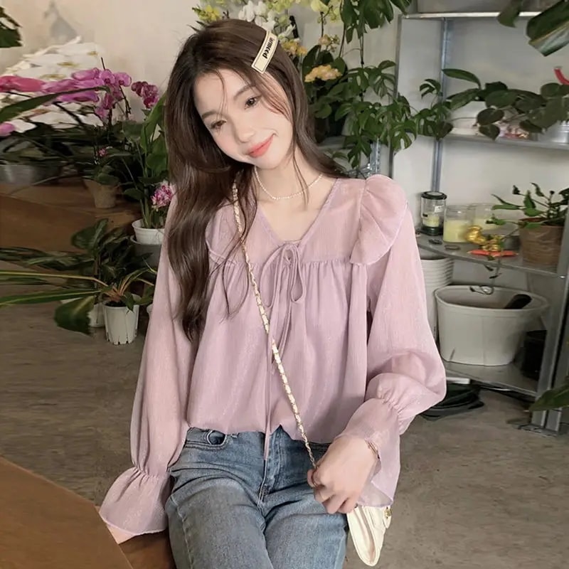 女性用長袖シフォンシャツ,Vネック,ルーズフィット,無地,オフィスウェア,各種トップス,韓国ファッション,秋