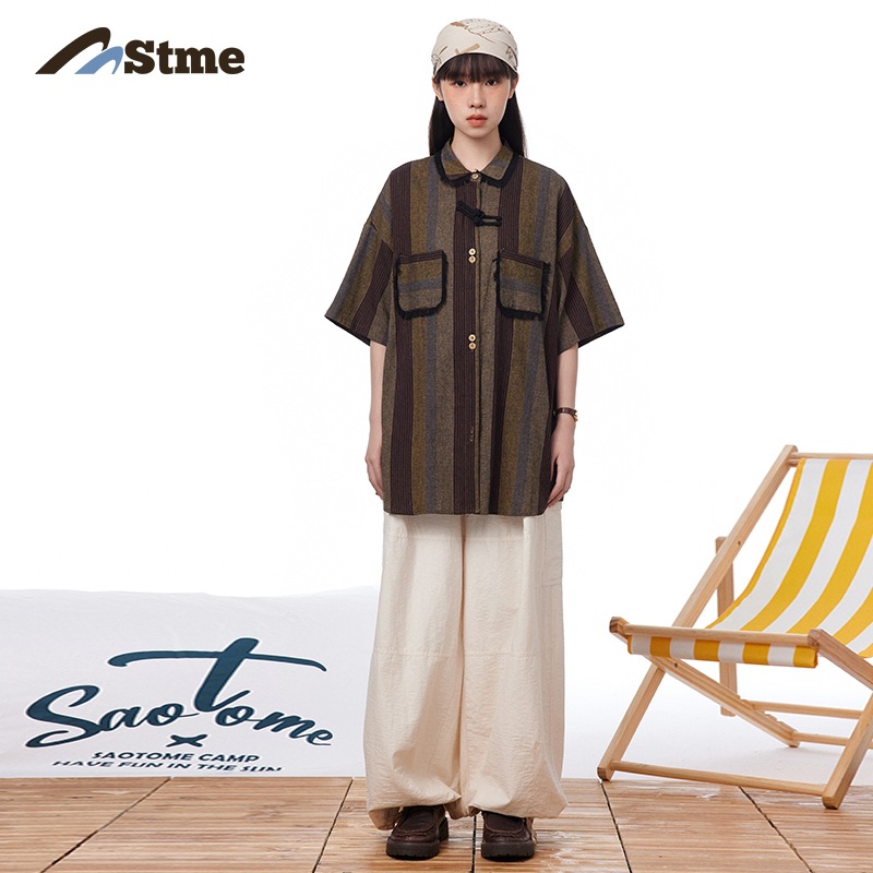 早乙女恵子 さおとめ 和レトロ ゆる丸 一言プレートボタン ウォッシュ 生端 シャツ 半袖 夏