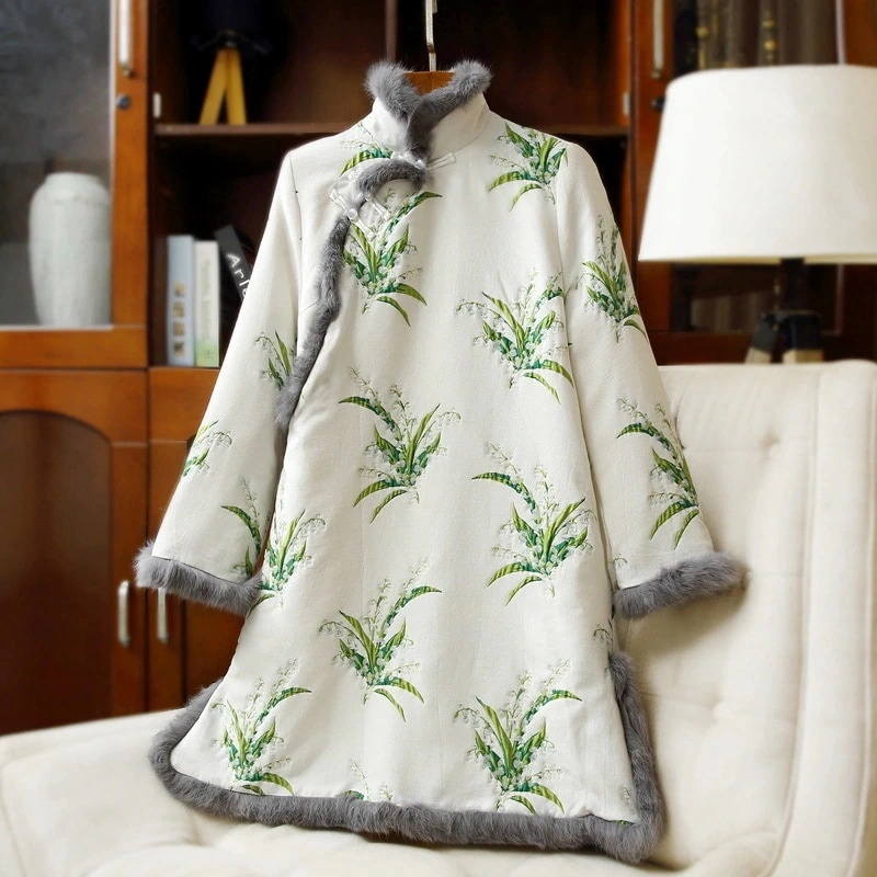 2024秋冬ラビットファージャガードキルティング改良ゆったりレトロスタイルチャイナドレススカート 6,662円