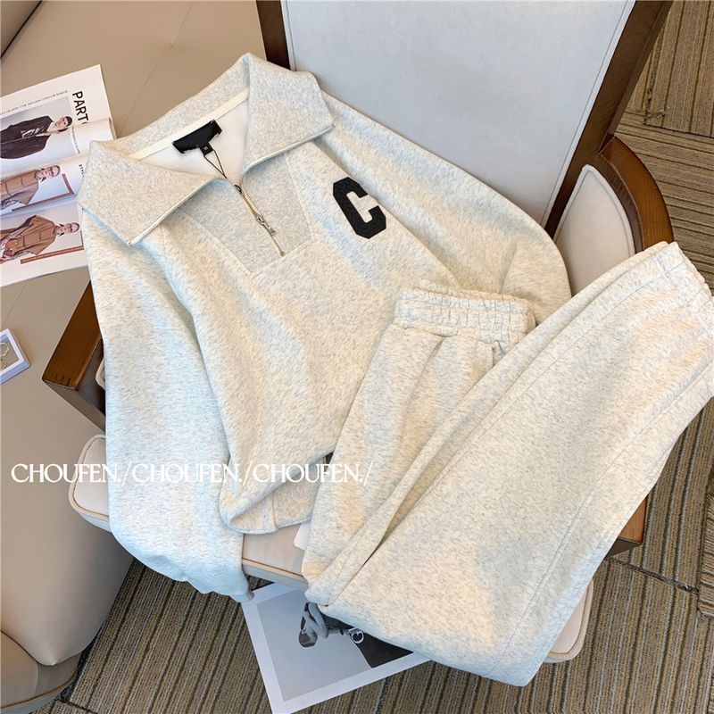 スウェット セットアップダウンプラス厚手ポロカラーセーターセットスウェット上下セットスウェット パーカーゆとり減齢パンツカジュアル2点セット福袋