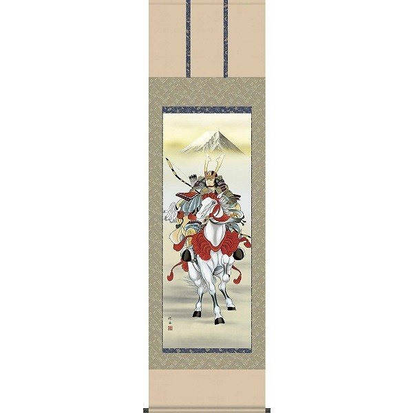 掛け軸/節句画/武者兜/白馬武者/長江桂舟/三美会/正絹二丁本表装/尺五サイズ幅54.5cm/桐箱畳紙収納/表装品質十年保証/端午の節句掛軸 初節句 こどもの日