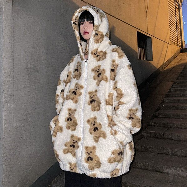 【即納あり】BEAR柄ボアジャケット ジップアップブルゾン ビッグシルエット アウター ダンス 衣装