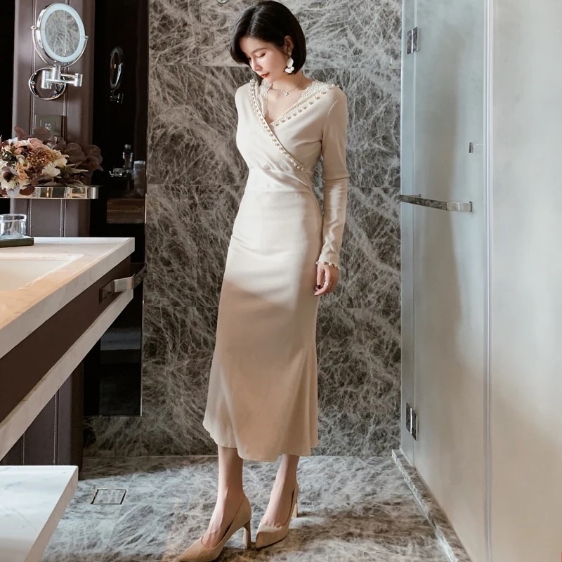 【Fellow 20％割】新款 秋 ニットワンピース vネック レース マーメイド ドレス パーティー 着痩せ 大人 お呼ばれ 同窓会 披露宴 卒業式 結婚式 ウェディング 二次会 成人式