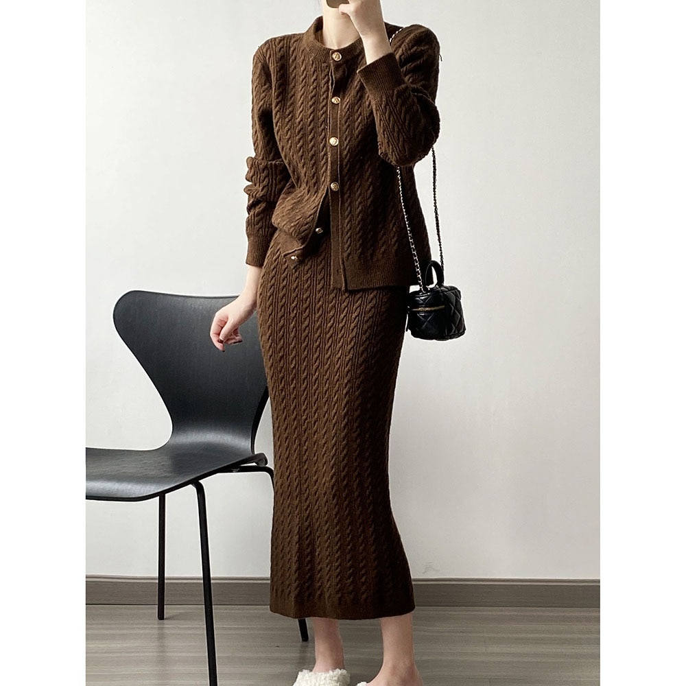 涼しく楽ちんセットアップ秋冬 新作 おしゃれ シンプル レディースセットアップ ニットカーディガン スカート 二点セット 気質 涼しく楽ちんセットアップ セット