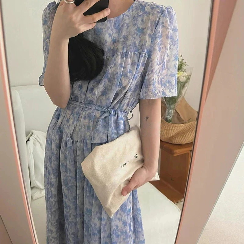 既製在庫24韓国東大門新作ファッションスリムで多用途なハイウエストラウンドネック半袖ドレス