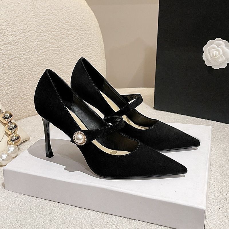 スタイルアップ！ヒールパンプス ファインヒールハイヒール女性2025新しい春と秋のワンストラップパール尖った気質単靴 韓国ファッション