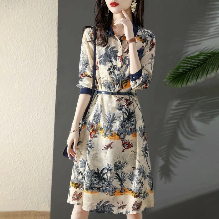ドレス 長袖 ボタニカル 20代 体型カバー ウエストベルト Aライン エレガント レディース ひざ丈 50代 シャツワンピース 夏 ワンピース 大きいサイズ おしゃれ 袖あり ワンピ カジュアル