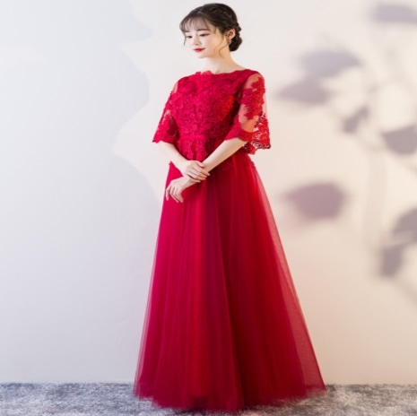 イブニングドレス レーススカート ロング マキシ 5分袖 7分袖 フレア Aライン 背中開き レース ウエストマーク ウエストリボン ふっくら 大人可愛い きれいめ 上品 レトロ エレガント モダン