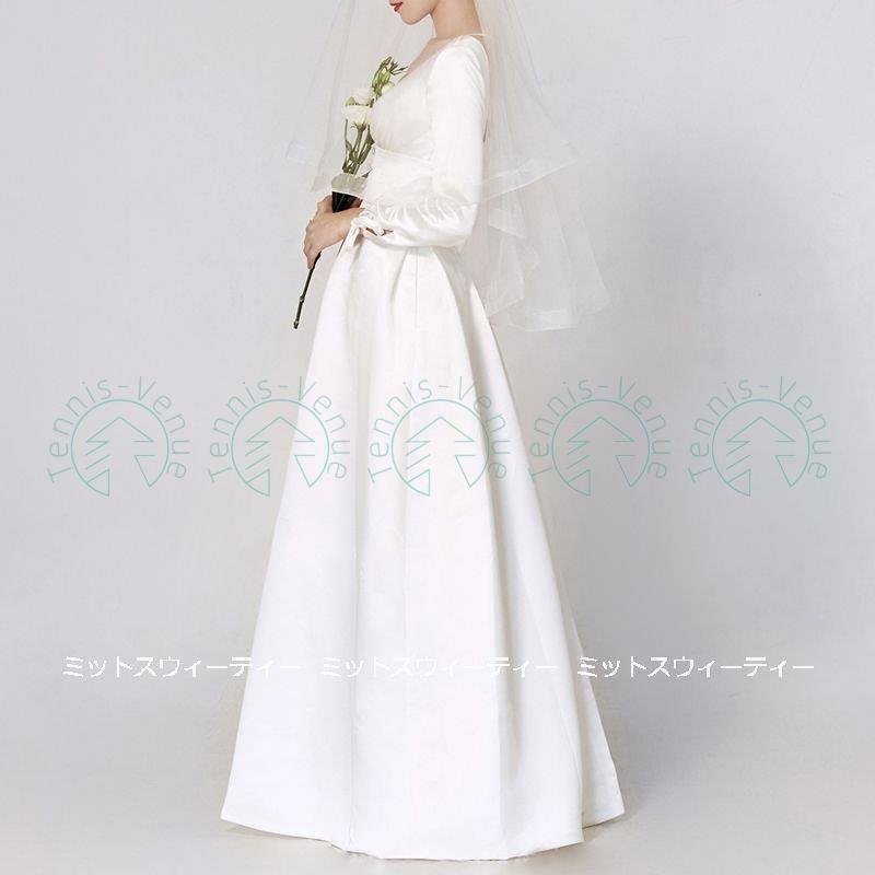 ウェディングドレス ロングドレス 結婚式 ウエディングドレス 長袖 Aラインドレス 二次会 花嫁 前
