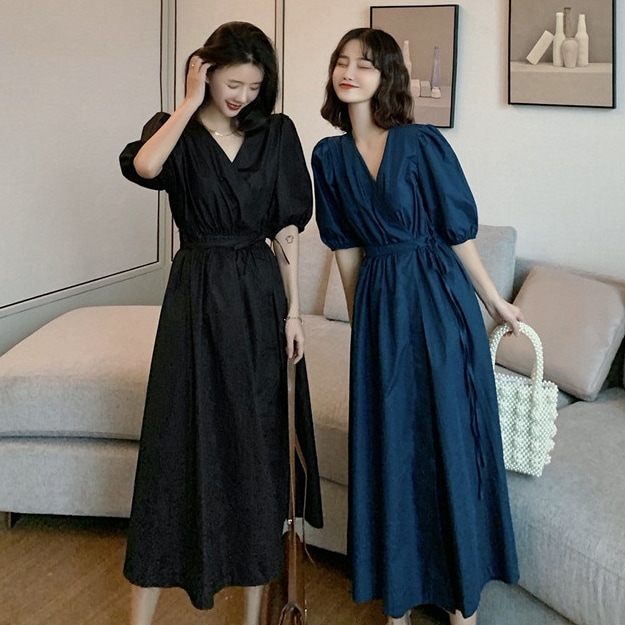 ワンピース フレアワンピース Aライン ミモレ丈 ロング丈 五分袖 半袖 パフスリーブ リボン ハイウエスト 薄手 無地 大人可愛い きれいめ シンプル 大人 上品 おしゃれ フェミニン レトロ