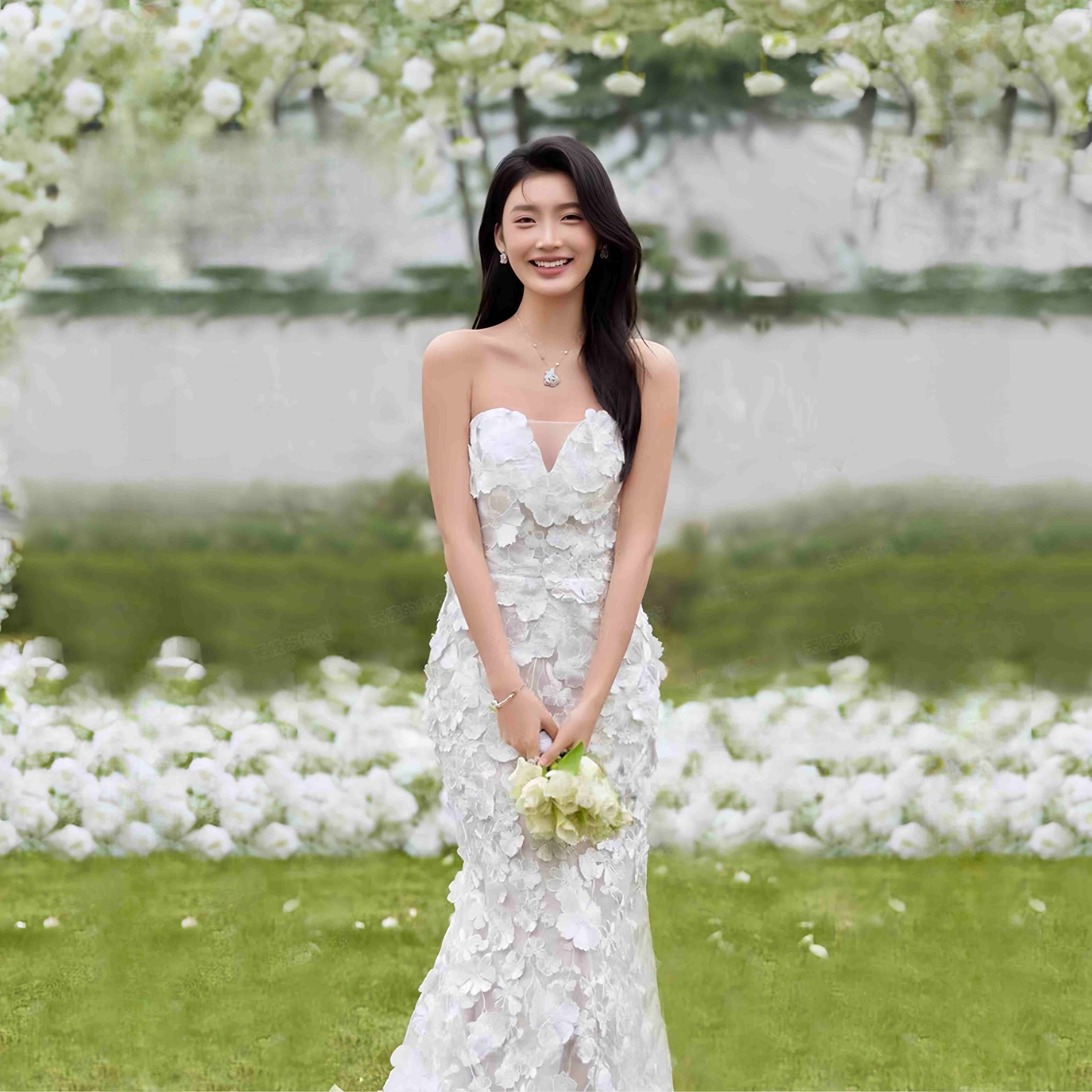 ウェディングドレス パーティードレス 花嫁ロングドレス 結婚式 二次会 エレガント お呼ばれ 挙式 簡約 姫系 発表会 チュールVネック+レース刺繡+Sラインスカート 韓国ファッション