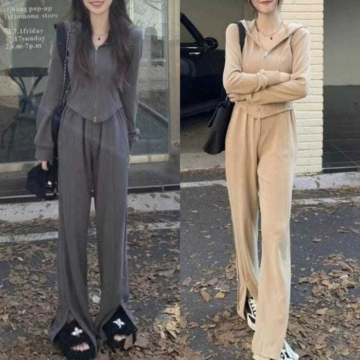 セットアップ 2点セット トップス パンツ ジャケット パーカー フーディー ロングパンツ スリット レディース きれいめ カジュアル 大人 可愛い ショート丈 リラックス ベージュ グレー 春 秋