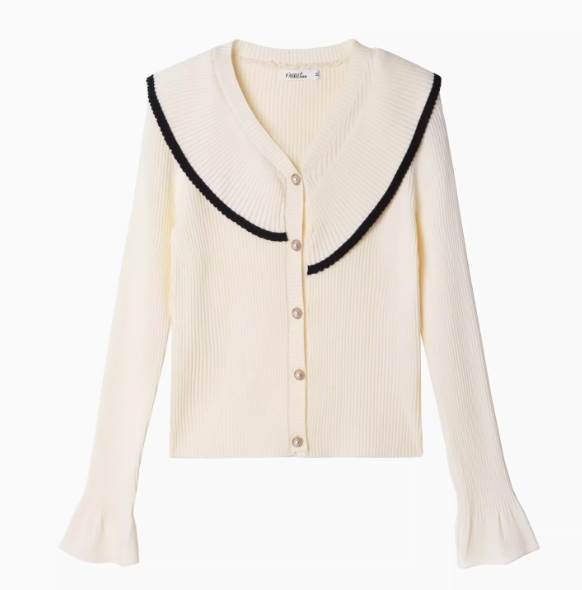 クーポン有トップス レディース ニット セーター カーディガン 個性的 ミディアム 長袖 フリル袖 Vネック ビッグカラー ポロカラー 伸縮性 色展開 ブラック アプリコット 無地 S M L 薄手