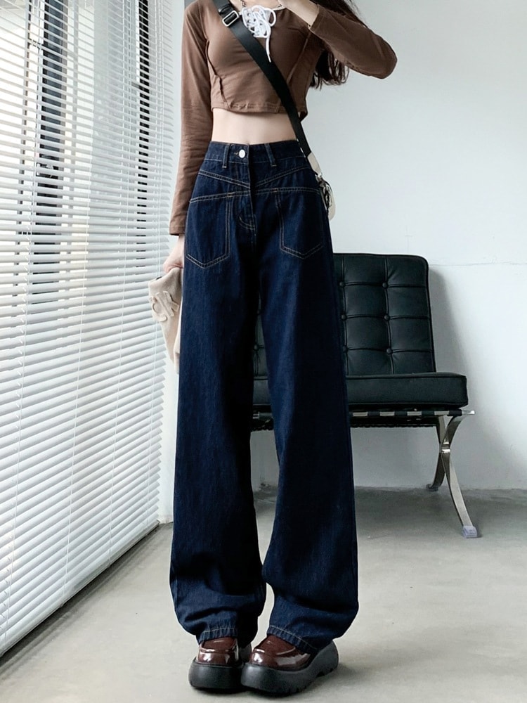 ダークブルージーンズ女性春春冬春と春の緩いハイウエストワイドレッグlトレーリングストレートデザインのズボンのハイストリートインスタイド