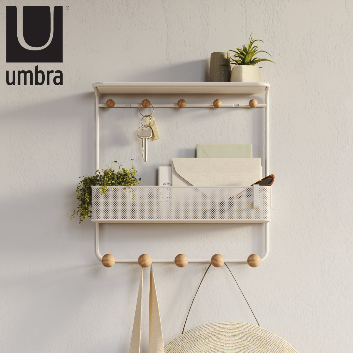 棚 壁 エスティーケ シェルフ フック 幅32x奥行10x高さ31cm Umbra アンブラ 壁面収納 壁掛けフック 小物収納 小物入れ キーフック ウォールフック カバン掛け 帽子掛け