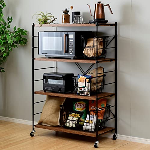 [山善] ラック (キャスター付き) 【全体耐荷重100】 棚板カンタン高さ調節 幅86奥行41.5高さ128 組立品 ブライトブラウン MWS-12844C(BBR/SBK)