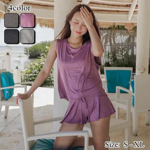 【グラシア】 水着 セット水着 レディース ビーチウェア スイムウェア 流行 海 プール ノースリーブ タンクトップ 露出控えめ フレア ゆったり タンクトップ ビキニ ブラウン パープル ダークグレ