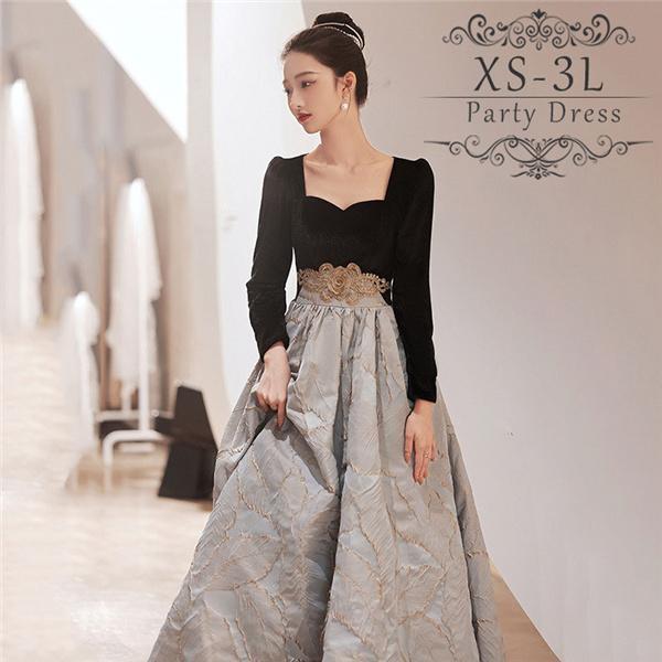 ロングドレス ドレス 袖付き ワンピース 結婚式 お呼ばれ パーティードレス 二次会 花嫁 演奏会用 黒 20代 30代 40代