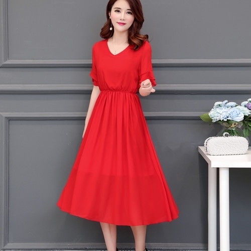 A1092.袖フリルシースルーフレアワンピース（レッド）2019 春夏 sale 春夏 sale ドレス エレガント お呼ばれ 結婚式 披露宴 パーティー 女子会 レストラン デート