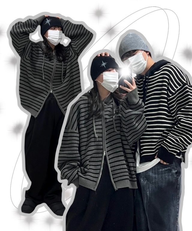 [UNISEX] 2WAY ハンドウォーマー ユニーク ストライプ ニット パーカージップアップ (3color)